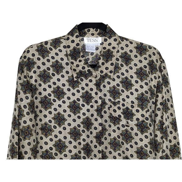 Vintage TESS 100%‎ Silk Brown Geometric Block Button Blouse Size W S - Picture 3 of 7